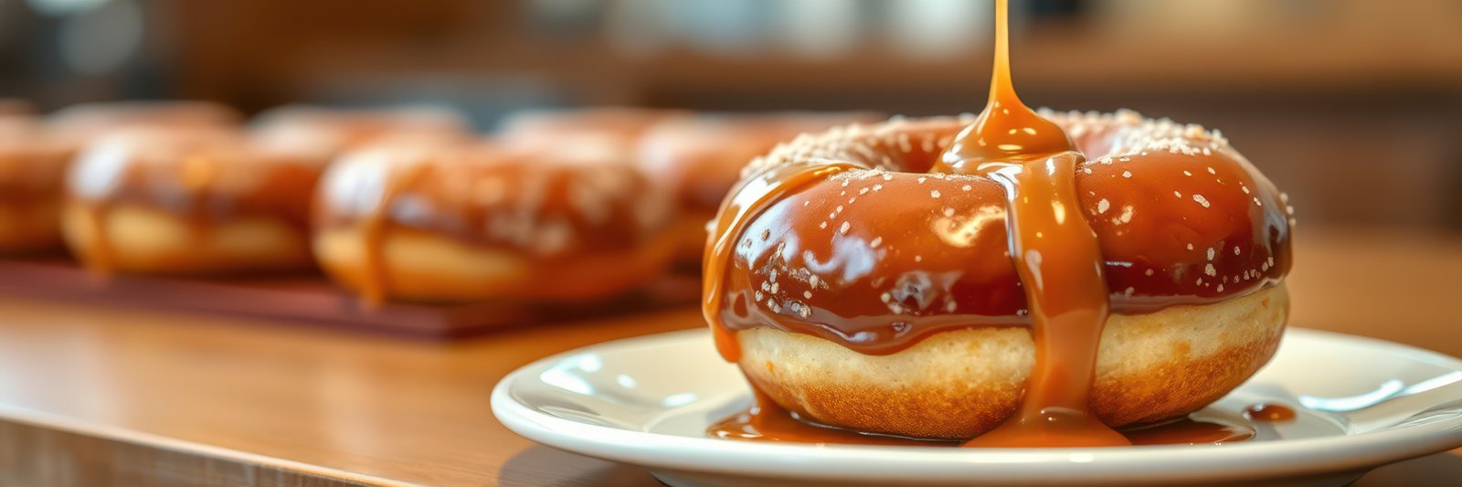 Delicious caramel glazed donut on a plate at a bakery with more treats in the background